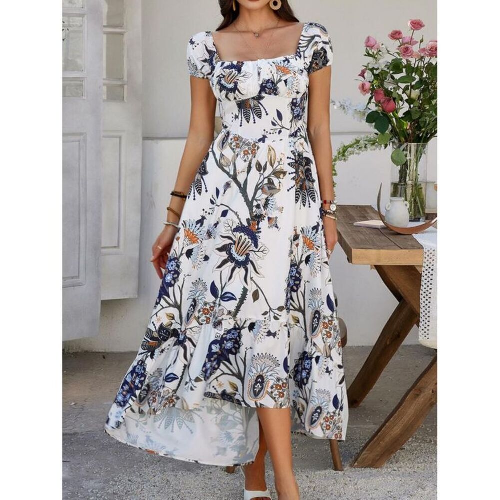 Everyday the Label Devine Smocked Printed Short Sleeve Maxi Dress Women White
